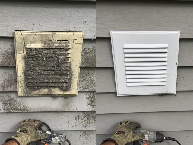 Avon Lake Dryer Vent Cleaning technician installing high-quality dryer vent cover at a residential property in Avon Lake