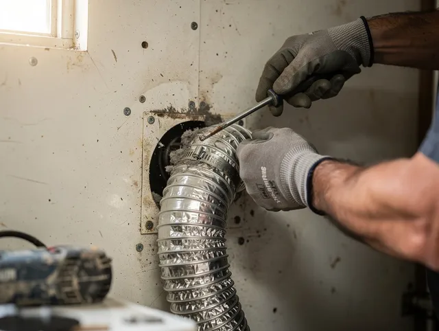Avon Lake Dryer Vent Cleaning technician performing precise dryer vent hose installation in Avon Lake